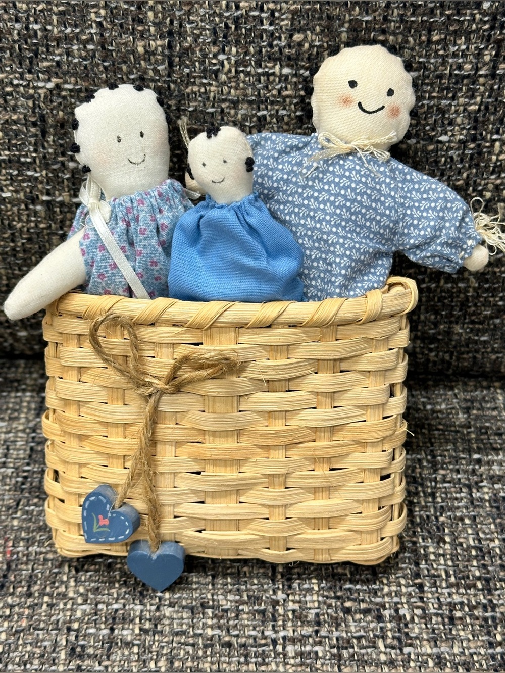 Primitive Handmade Rag Doll Family & Basket Farmhouse Folk Art Country Decor